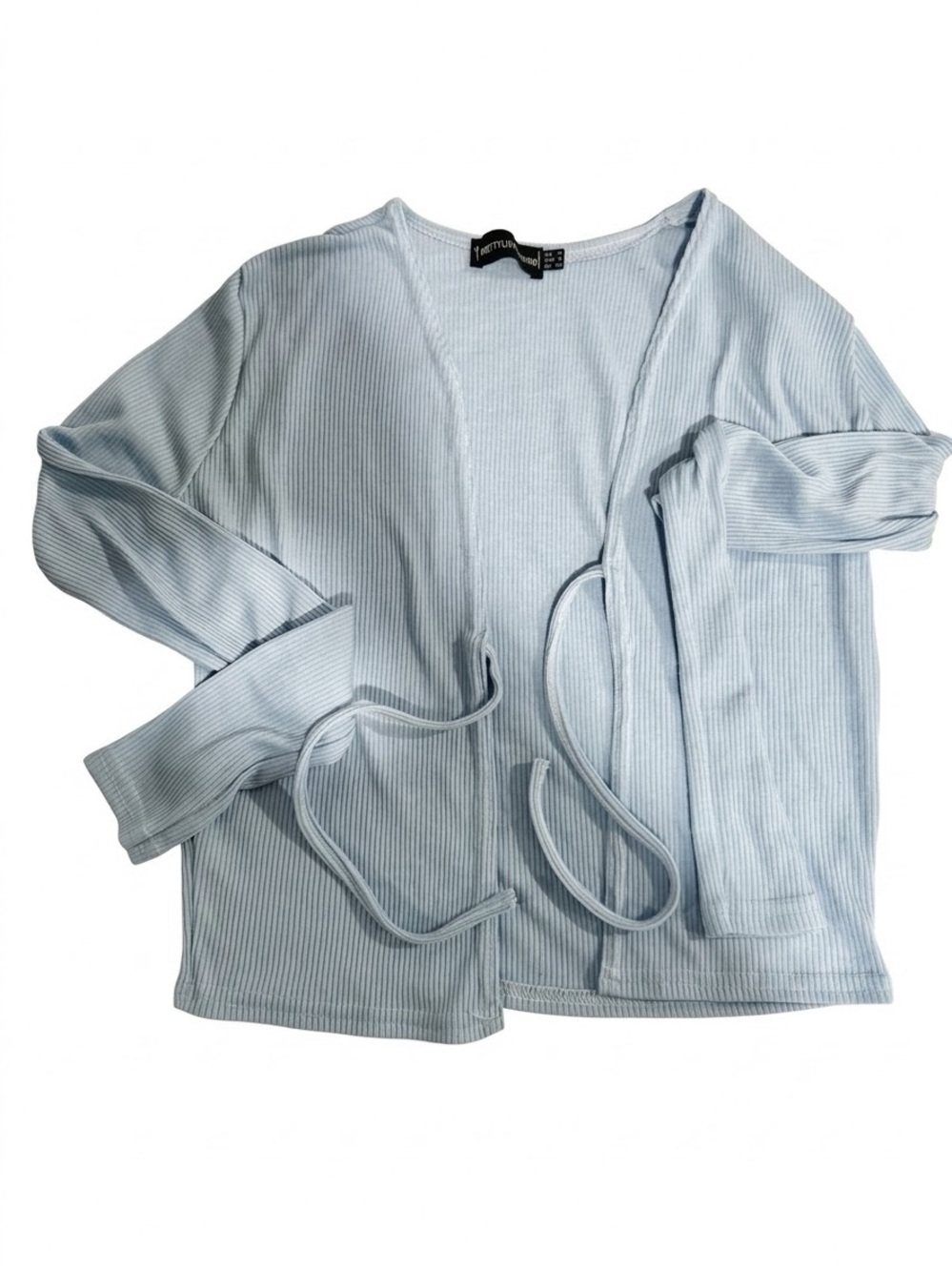PrettyLittleThing Baby Blue Ribbed Tie-Front Top - Size US 0